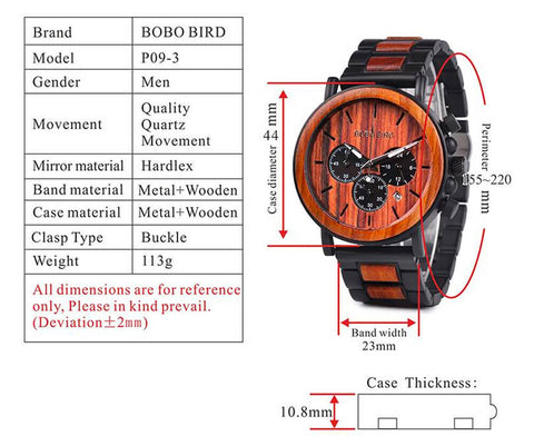Image of Wooden Bobo Bird Military Stylish Chronograph Handcrafted Watches - P09-1-3+Q26