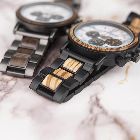 Image of Wooden Stylish Bobo Bird Marble Face Mens Watch Design P09-4&5 + FREE Wooden Gift Box