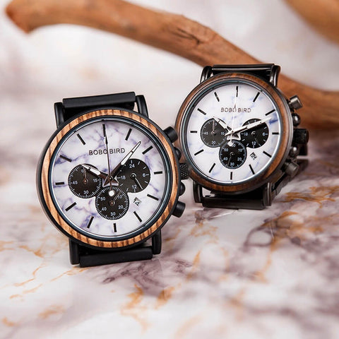 Image of Wooden Stylish Bobo Bird Marble Face Mens Watch Design P09-4&5 + FREE Wooden Gift Box