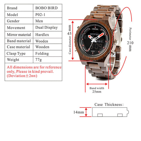 Image of Wooden BOBO BIRD Mens Wristwatch with Night Light & Week Display in FREE Wooden Bamboo Gift Box