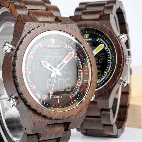 Image of Wooden BOBO BIRD Mens Wristwatch with Night Light & Week Display in FREE Wooden Bamboo Gift Box