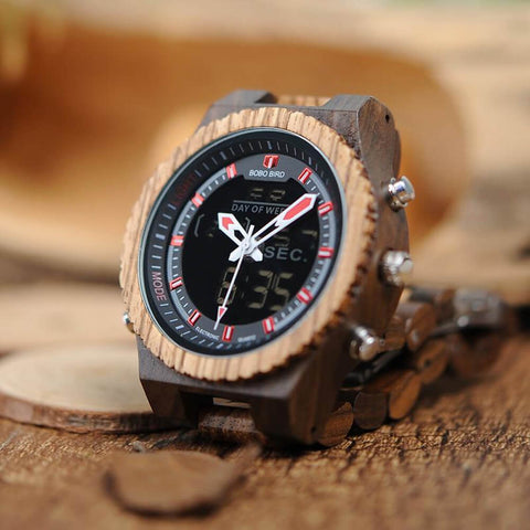 Image of Wooden BOBO BIRD Multifunctional Mens Dual Display Wrist Watch with Night Light - P02-3 in Wooden Bamboo Gift Box