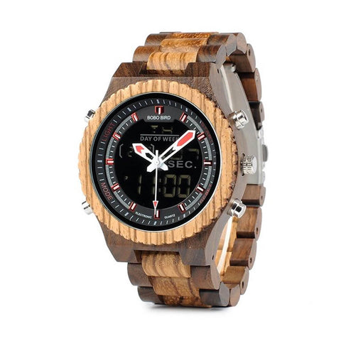 Image of Wooden BOBO BIRD Multifunctional Mens Dual Display Wrist Watch with Night Light - P02-3 in Wooden Bamboo Gift Box
