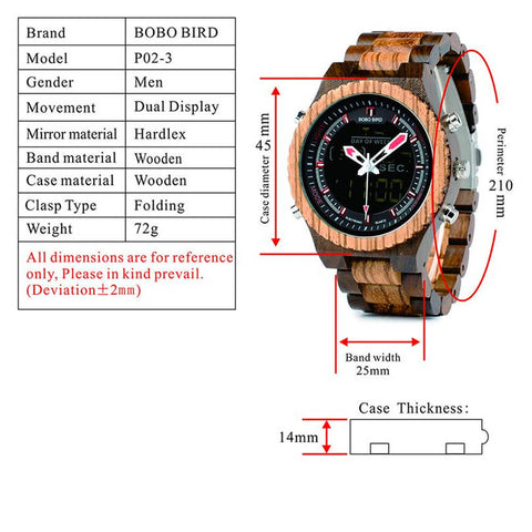 Image of Wooden BOBO BIRD Multifunctional Mens Dual Display Wrist Watch with Night Light - P02-3 in Wooden Bamboo Gift Box