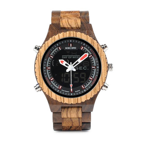 Image of Wooden BOBO BIRD Multifunctional Mens Dual Display Wrist Watch with Night Light - P02-3 in Wooden Bamboo Gift Box