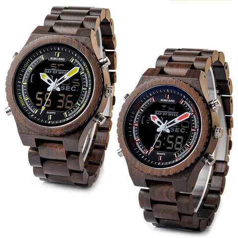 Image of Wooden BOBO BIRD Mens Wristwatch with Night Light & Week Display in FREE Wooden Bamboo Gift Box