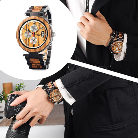 Image of Wooden BOBO BIRD L-P17 Stylish Men Stainless Steel Multi-Time Zone Dial Custom Watches Date, Stop Wristwatch