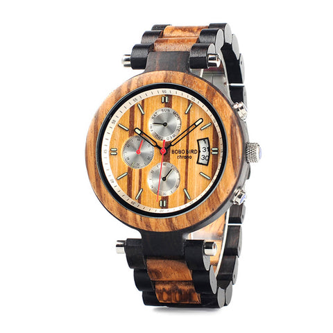 Image of Wooden BOBO BIRD L-P17 Stylish Men Stainless Steel Multi-Time Zone Dial Custom Watches Date, Stop Wristwatch