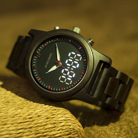 Image of Wooden BOBO BIRD LED Digital Quartz Double Display Unisex Watch - Handmade R02 + FREE Bamboo Gift Box