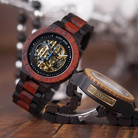 Image of Wooden BOBO BIRD Men Mechanical Retro Design Watch - Luxury Gold Label Beside Automatic Wristwatch-R05-1&2