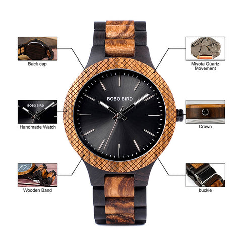 Image of Wooden Bobo Bird Men's Two Tone Retro Zebra Quartz Wristwatch Luminous Hands LD30-1 with Grid Bezel Erkek Kol Saat