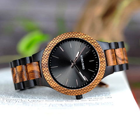 Image of Wooden Bobo Bird Men's Two Tone Retro Zebra Quartz Wristwatch Luminous Hands LD30-1 with Grid Bezel Erkek Kol Saat