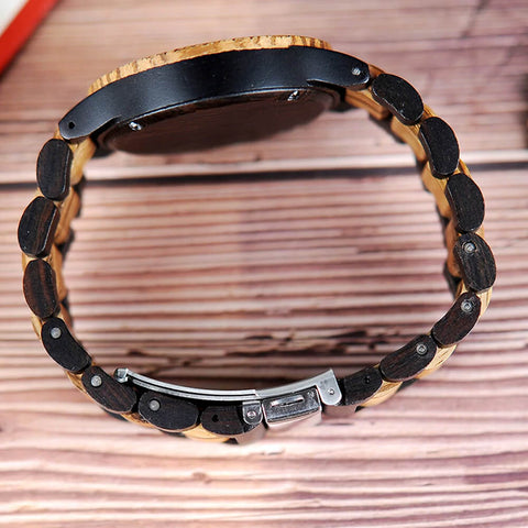 Image of Wooden Bobo Bird Men's Two Tone Retro Zebra Quartz Wristwatch Luminous Hands LD30-1 with Grid Bezel Erkek Kol Saat