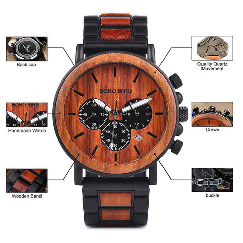 Image of Wooden Military Stylish BOBO BIRD Luxury Mens Relogio Masculino Watch+Gift Box