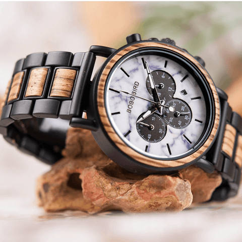 Image of Wooden Stylish Bobo Bird Marble Face Mens Watch Design P09-4&5 + FREE Wooden Gift Box