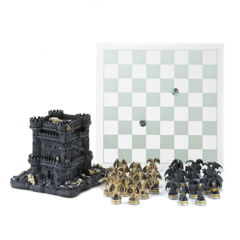 Image of Medieval Theme Black Tower Dragon Figure Chess Set Board Game - 15192