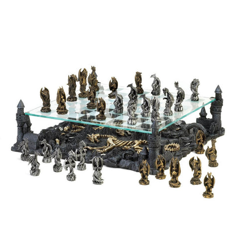 Image of Fire-breathing dragon warriors beasts battle for supremacy Perched atop four corners of the kingdom, these winged monsters will not rest until they strategically best their opponent. A thrilling and visually stunning way to enjoy a rousing game of chess.