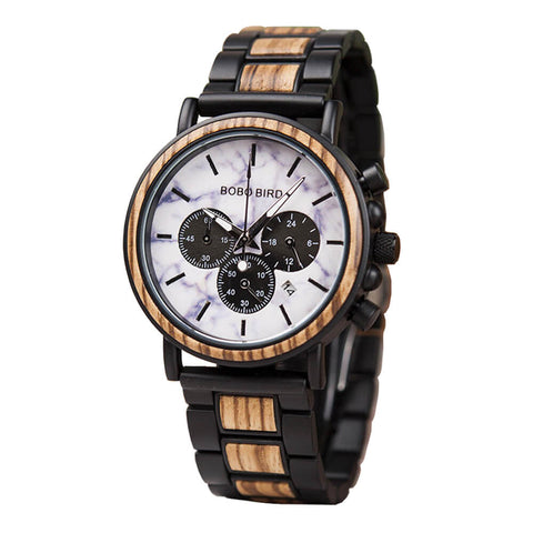 Image of Wooden Stylish Bobo Bird Marble Face Mens Watch Design P09-4&5 + FREE Wooden Gift Box