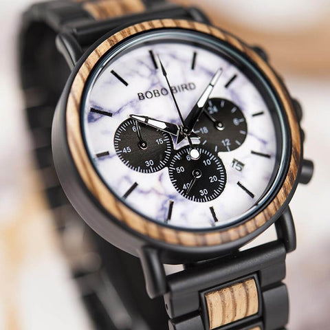Image of Wooden Stylish Bobo Bird Marble Face Mens Watch Design P09-4&5 + FREE Wooden Gift Box