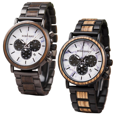 Image of Wooden Stylish Bobo Bird Marble Face Mens Watch Design P09-4&5 + FREE Wooden Gift Box