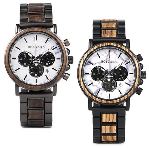 Image of Wooden Stylish Bobo Bird Marble Face Mens Watch Design P09-4&5 + FREE Wooden Gift Box