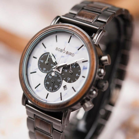 Image of Wooden Stylish Bobo Bird Marble Face Mens Watch Design P09-4&5 + FREE Wooden Gift Box