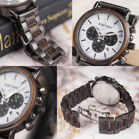 Image of Wooden Stylish Bobo Bird Marble Face Mens Watch Design P09-4&5 + FREE Wooden Gift Box