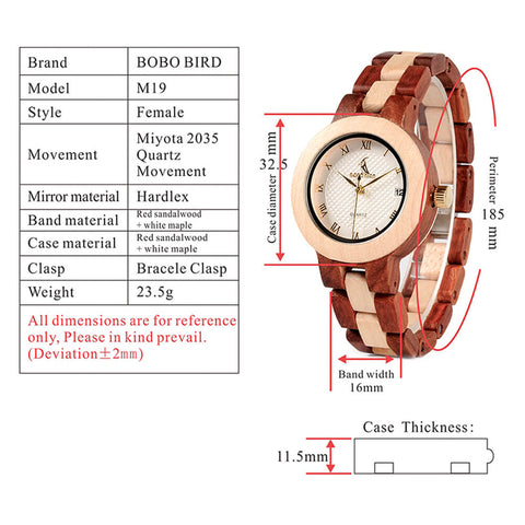 Image of Wooden BOBO BIRD Ladies Red Sandalwood Luxury Quartz Watch - M19 Handmade Gift Box Relogio Feminino