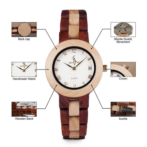 Image of Wooden BOBO BIRD Ladies Red Sandalwood Luxury Quartz Watch - M19 Handmade Gift Box Relogio Feminino