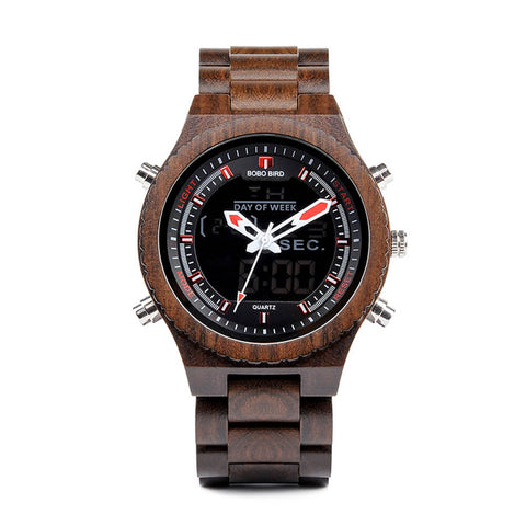 Image of Wooden BOBO BIRD Mens Wristwatch with Night Light & Week Display in FREE Wooden Bamboo Gift Box