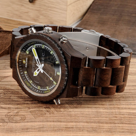 Image of Wooden BOBO BIRD Mens Wristwatch with Night Light & Week Display in FREE Wooden Bamboo Gift Box