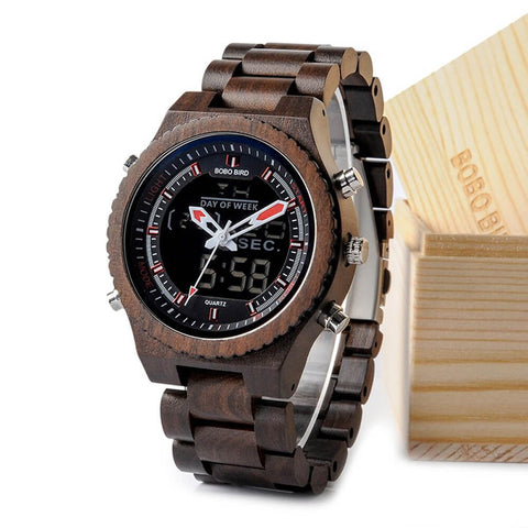 Image of Wooden BOBO BIRD Mens Wristwatch with Night Light & Week Display in FREE Wooden Bamboo Gift Box