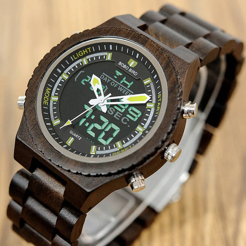 Image of Wooden BOBO BIRD Mens Wristwatch with Night Light & Week Display in FREE Wooden Bamboo Gift Box