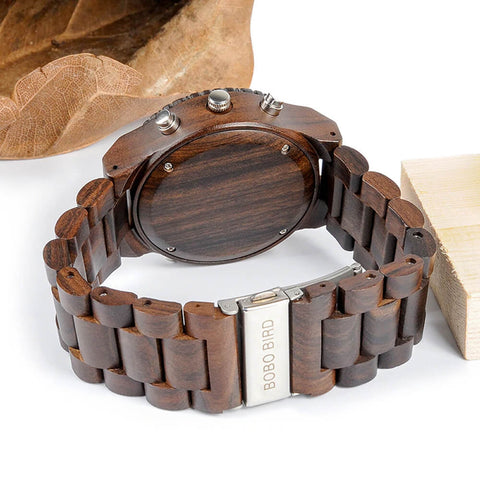 Image of Wooden BOBO BIRD Mens Wristwatch with Night Light & Week Display in FREE Wooden Bamboo Gift Box