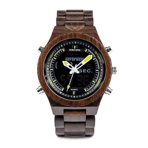 Image of Wooden BOBO BIRD Mens Wristwatch with Night Light & Week Display in FREE Wooden Bamboo Gift Box
