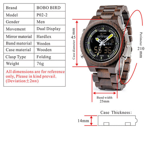 Image of Wooden BOBO BIRD Mens Wristwatch with Night Light & Week Display in FREE Wooden Bamboo Gift Box