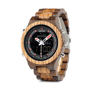 Wooden BOBO BIRD Multifunctional Mens Dual Display Wrist Watch with Night Light - P02-3 in Wooden Bamboo Gift Box