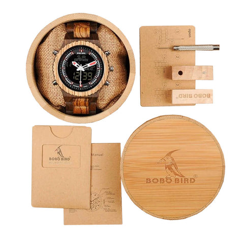 Image of Wooden BOBO BIRD Multifunctional Mens Dual Display Wrist Watch with Night Light - P02-3 in Wooden Bamboo Gift Box