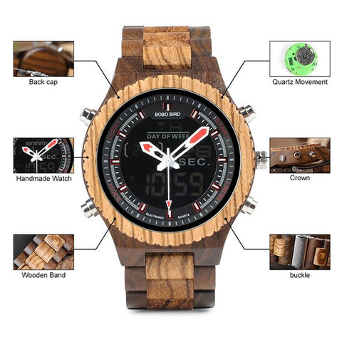 Image of Wooden BOBO BIRD Multifunctional Mens Dual Display Wrist Watch with Night Light - P02-3 in Wooden Bamboo Gift Box