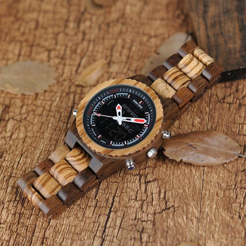 Image of Wooden BOBO BIRD Multifunctional Mens Dual Display Wrist Watch with Night Light - P02-3 in Wooden Bamboo Gift Box