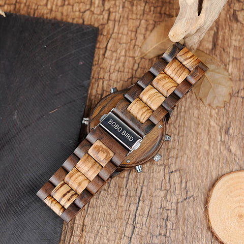 Image of Wooden BOBO BIRD Multifunctional Mens Dual Display Wrist Watch with Night Light - P02-3 in Wooden Bamboo Gift Box