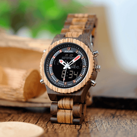 Image of Wooden BOBO BIRD Multifunctional Mens Dual Display Wrist Watch with Night Light - P02-3 in Wooden Bamboo Gift Box