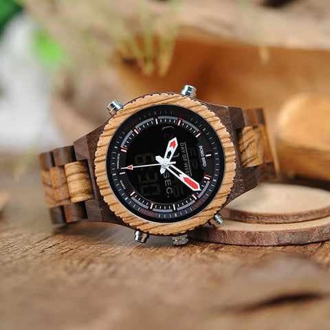 Image of Wooden BOBO BIRD Multifunctional Mens Dual Display Wrist Watch with Night Light - P02-3 in Wooden Bamboo Gift Box