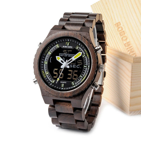 Image of Wooden BOBO BIRD Mens Wristwatch with Night Light & Week Display in FREE Wooden Bamboo Gift Box