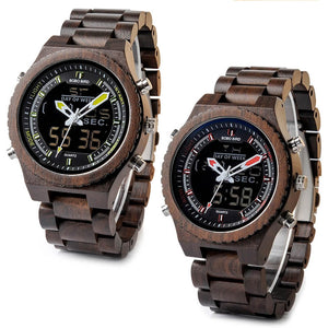 Wooden BOBO BIRD Mens Wristwatch with Night Light & Week Display in FREE Wooden Bamboo Gift Box