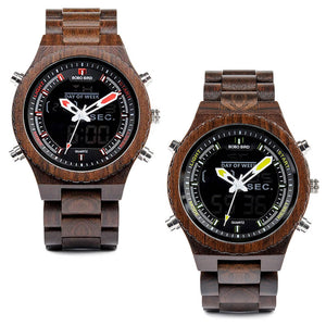 Wooden BOBO BIRD Mens Wristwatch with Night Light & Week Display in FREE Wooden Bamboo Gift Box