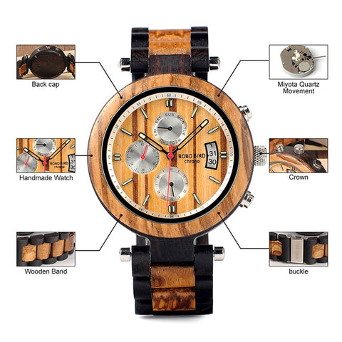 Image of Wooden BOBO BIRD L-P17 Stylish Men Stainless Steel Multi-Time Zone Dial Custom Watches Date, Stop Wristwatch