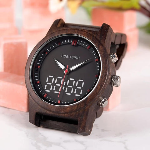 Image of Wooden BOBO BIRD LED Digital Quartz Double Display Unisex Watch - Handmade R02 + FREE Bamboo Gift Box