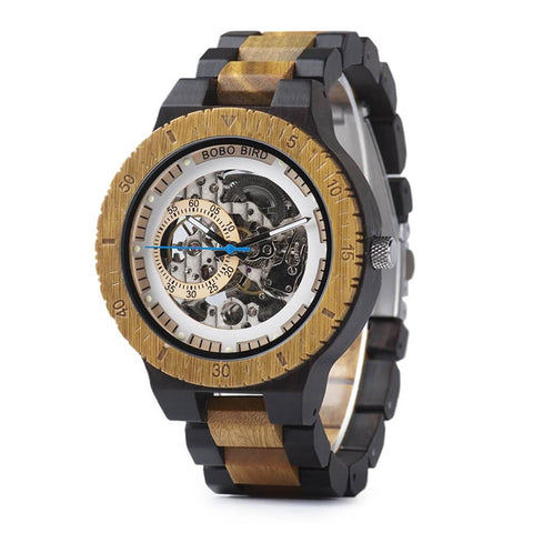 Image of Wooden BOBO BIRD Men Mechanical Retro Design Watch - Luxury Gold Label Beside Automatic Wristwatch-R05-1&2