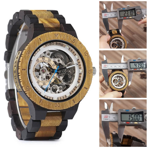 Image of Wooden BOBO BIRD Men Mechanical Retro Design Watch - Luxury Gold Label Beside Automatic Wristwatch-R05-1&2